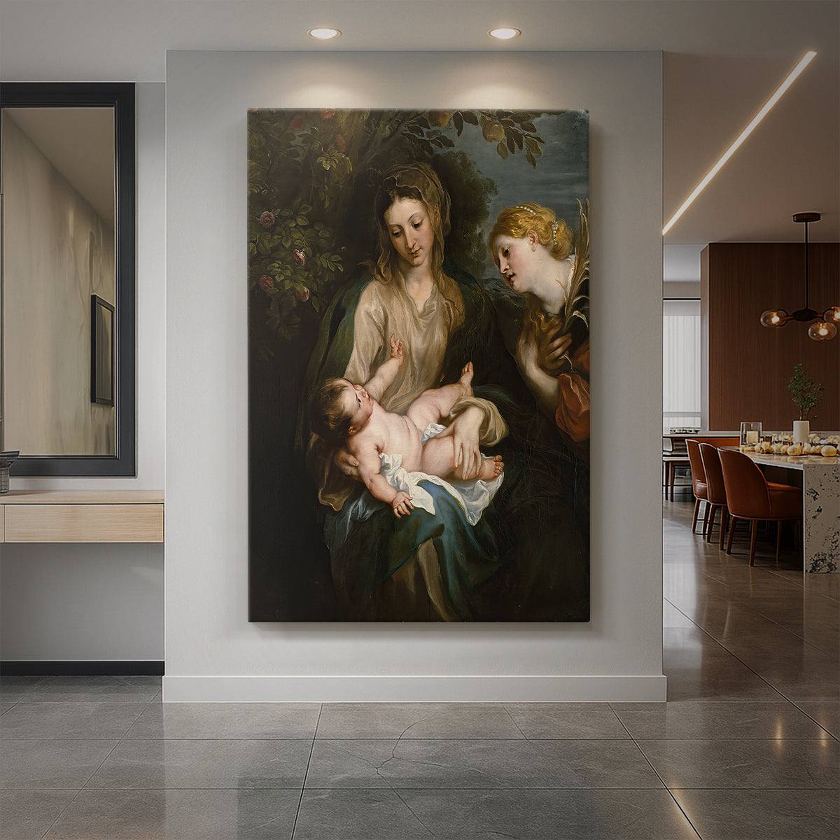 Canvas art print of a Baroque religious scene of the Virgin and Child with Saint Catherine displayed as a statement piece in a spacious interior.