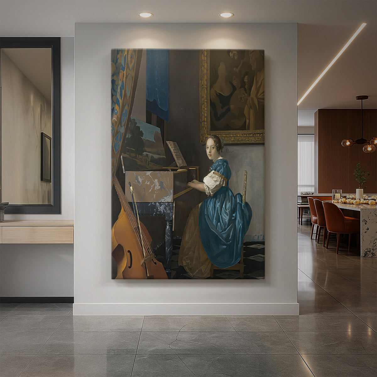 Canvas art print of a Baroque interior of a seated woman at a virginal in soft window light displayed as a statement piece in a spacious interior.