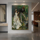 Canvas art print of an impressionist scene of figures walking outdoors in a lush landscape displayed as a statement piece in a spacious interior.