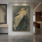 Canvas art print of an Art Nouveau illustration of an elf with iris flowers and ornate whimsical details displayed as a statement piece in a spacious interior.