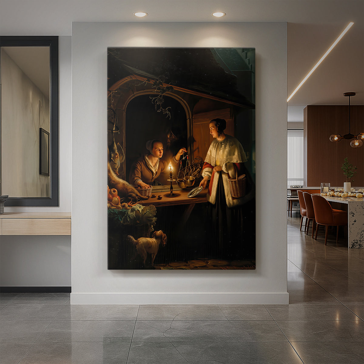 Canvas art print of a realistic scene of figures gathered in a dimly lit market at night displayed as a statement piece in a spacious interior.