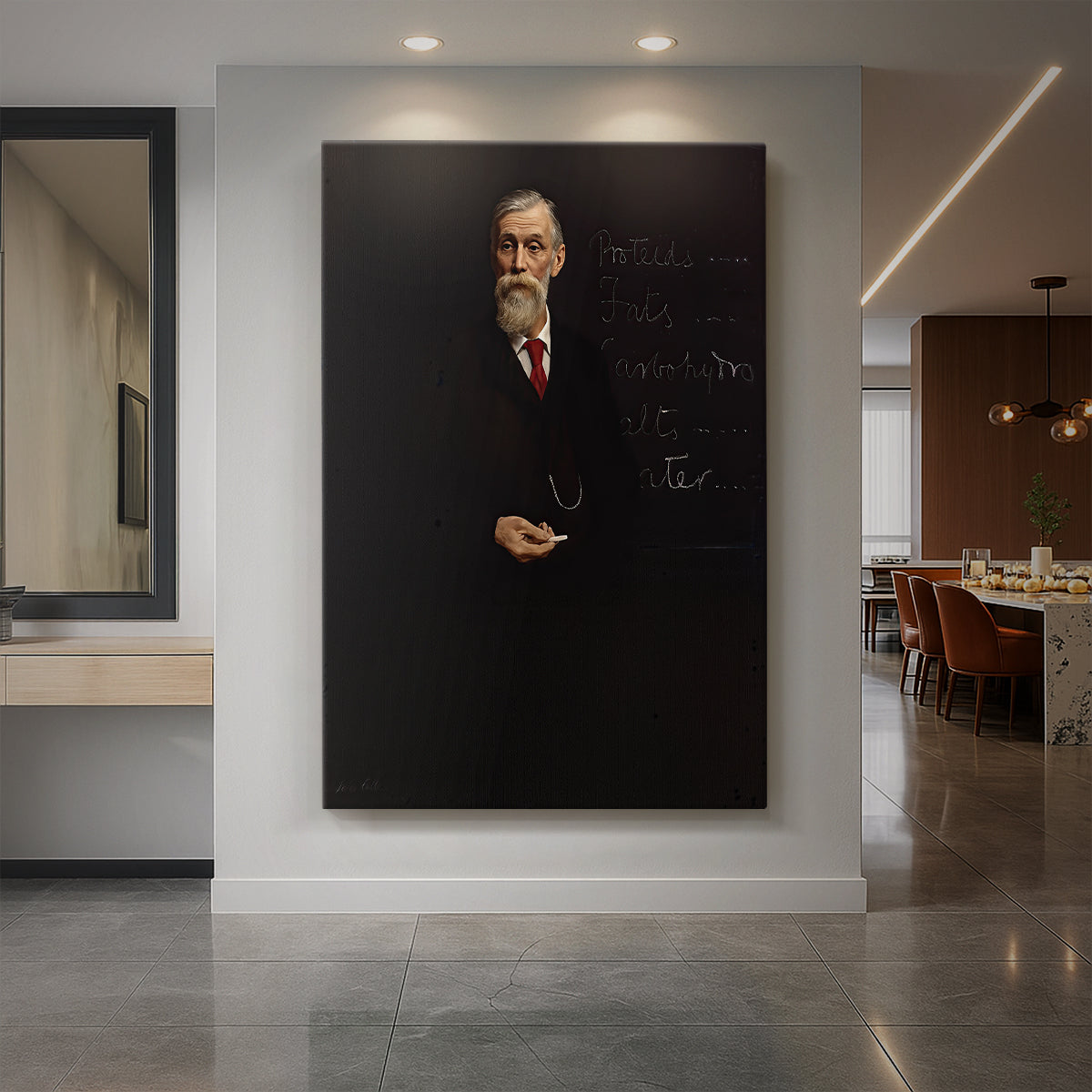 Canvas art print of a formal portrait of a standing man in dark attire with composed posture displayed as a statement piece in a spacious interior.