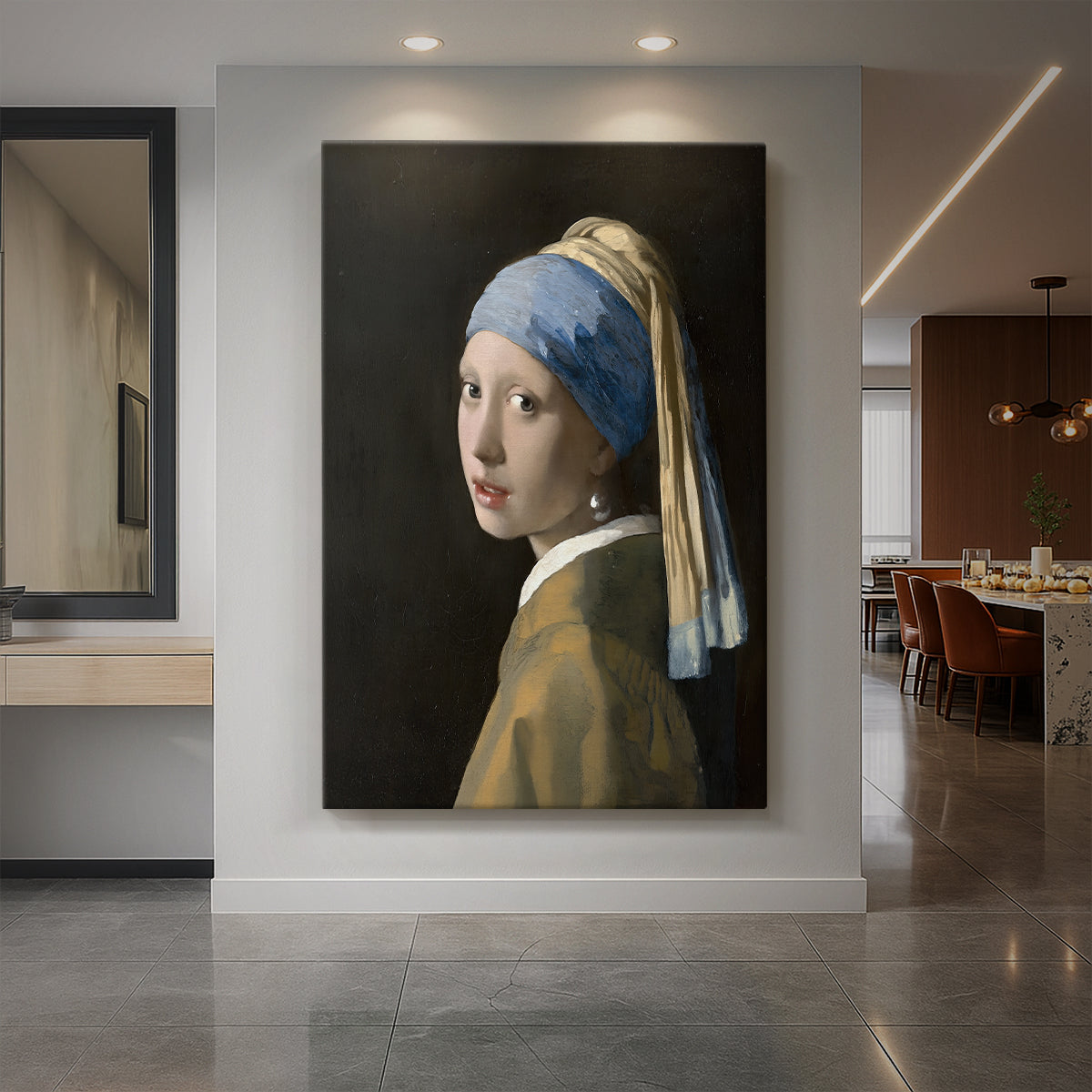 Canvas art print of a Baroque portrait of a young woman wearing a pearl earring with soft light displayed as a statement piece in a spacious interior.