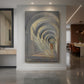 Canvas art print of an expressionist architectural scene with angled light streaming through a cloister displayed as a statement piece in a spacious interior.