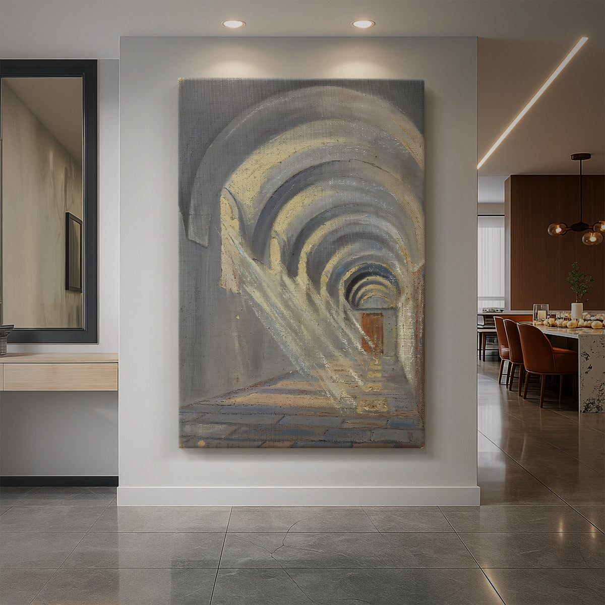 Canvas art print of an expressionist architectural scene with angled light streaming through a cloister displayed as a statement piece in a spacious interior.