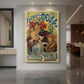 Canvas art print of an Art Nouveau poster of a woman with ornate details and beer advertisement text displayed as a statement piece in a spacious interior.