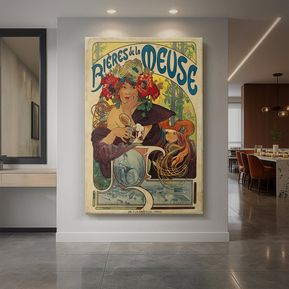 Canvas art print of an Art Nouveau poster of a woman with ornate details and beer advertisement text displayed as a statement piece in a spacious interior.