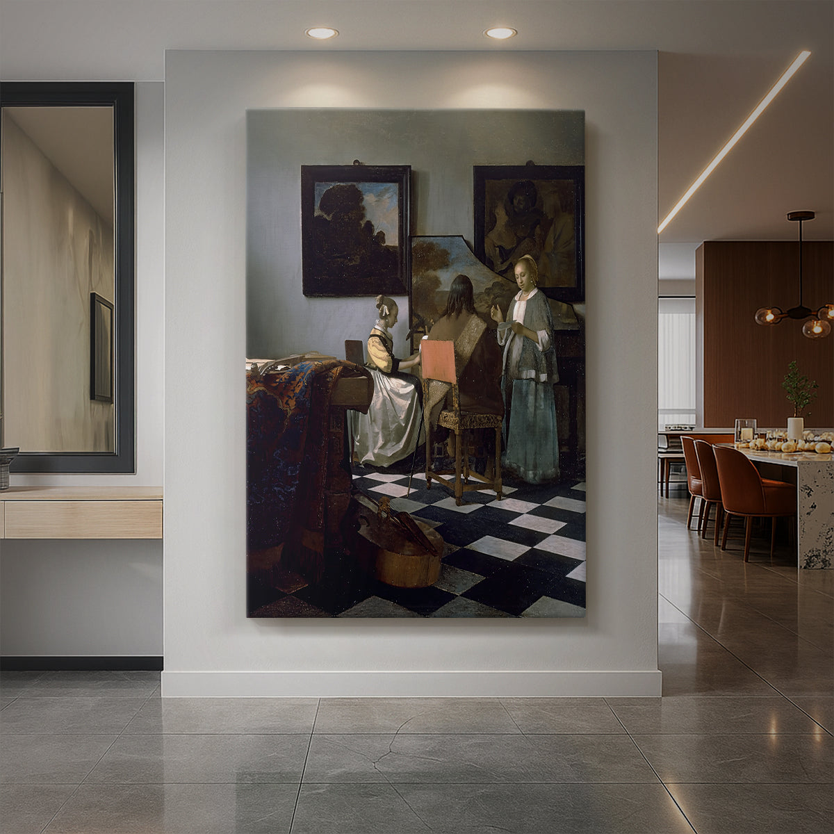 Canvas art print of a Baroque interior of figures gathered around music in soft light displayed as a statement piece in a spacious interior.
