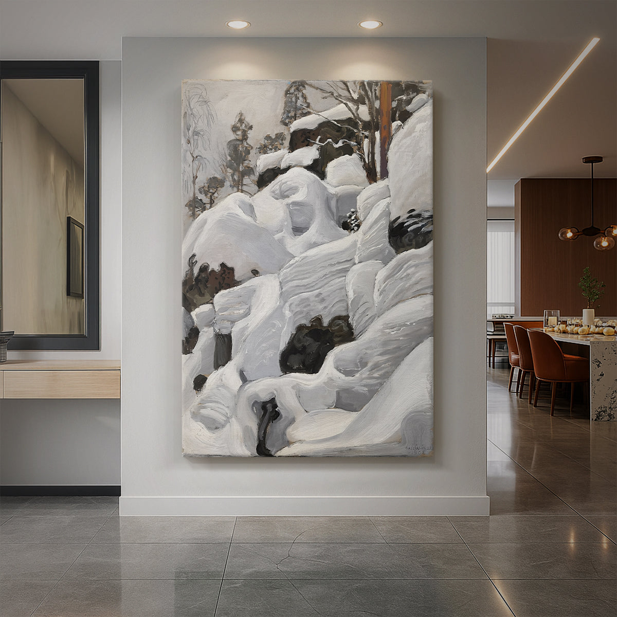 Canvas art print of a snowy wilderness with rocks and trees forming a hidden animal den displayed as a statement piece in a spacious interior.