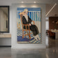 Canvas art print of a fauvist scene of a girl seated on a balcony overlooking the ocean displayed as a statement piece in a spacious interior.