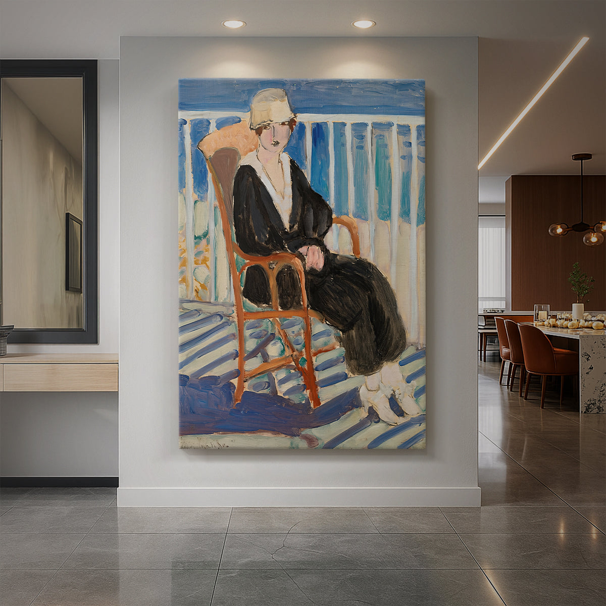 Canvas art print of a fauvist scene of a girl seated on a balcony overlooking the ocean displayed as a statement piece in a spacious interior.