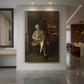 Canvas art print of a realistic scene of a man reading in a dimly lit interior displayed as a statement piece in a spacious interior.