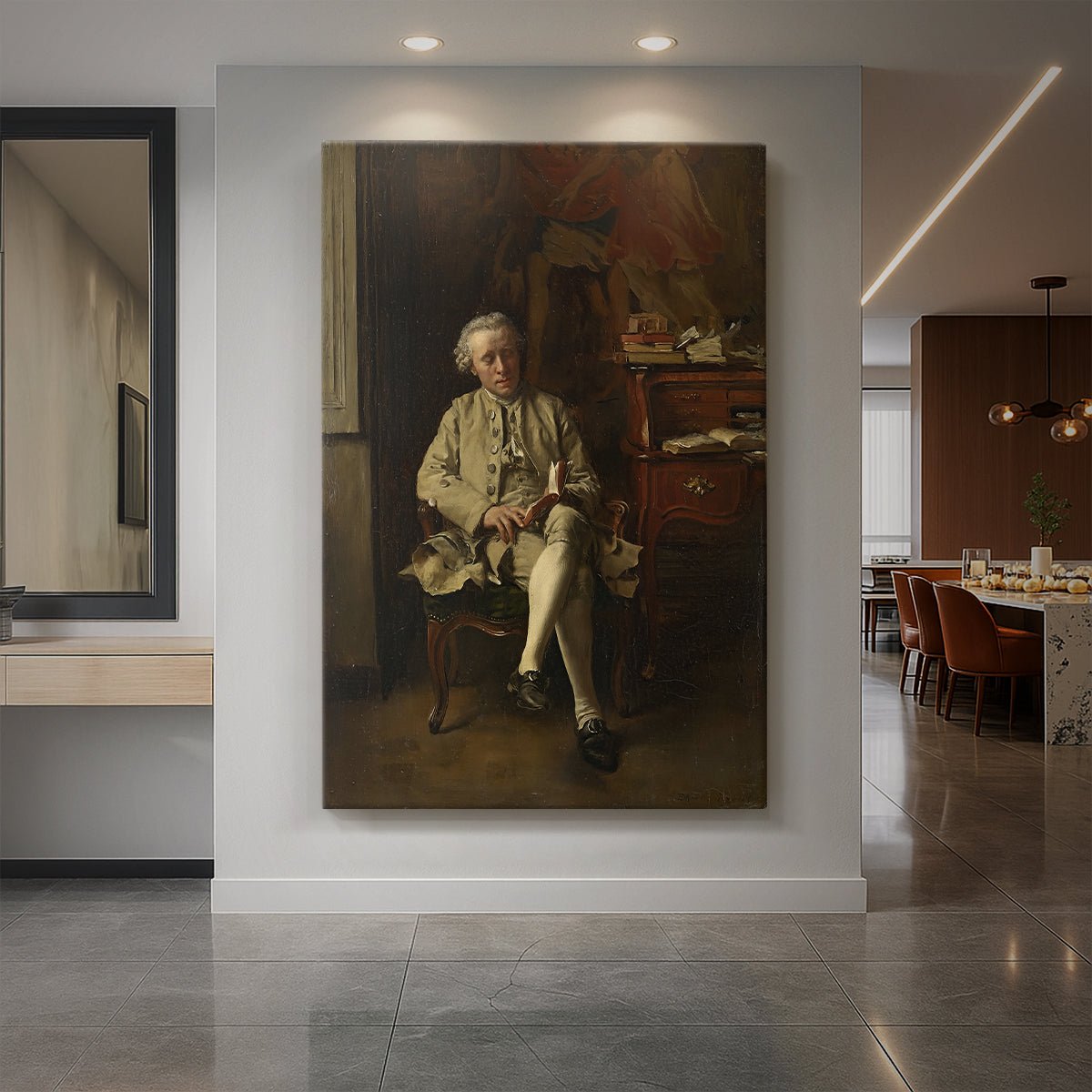 Canvas art print of a realistic scene of a man reading in a dimly lit interior displayed as a statement piece in a spacious interior.