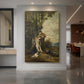Canvas art print of a symbolic scene of a bound figure in a dramatic, shadowed setting displayed as a statement piece in a spacious interior.