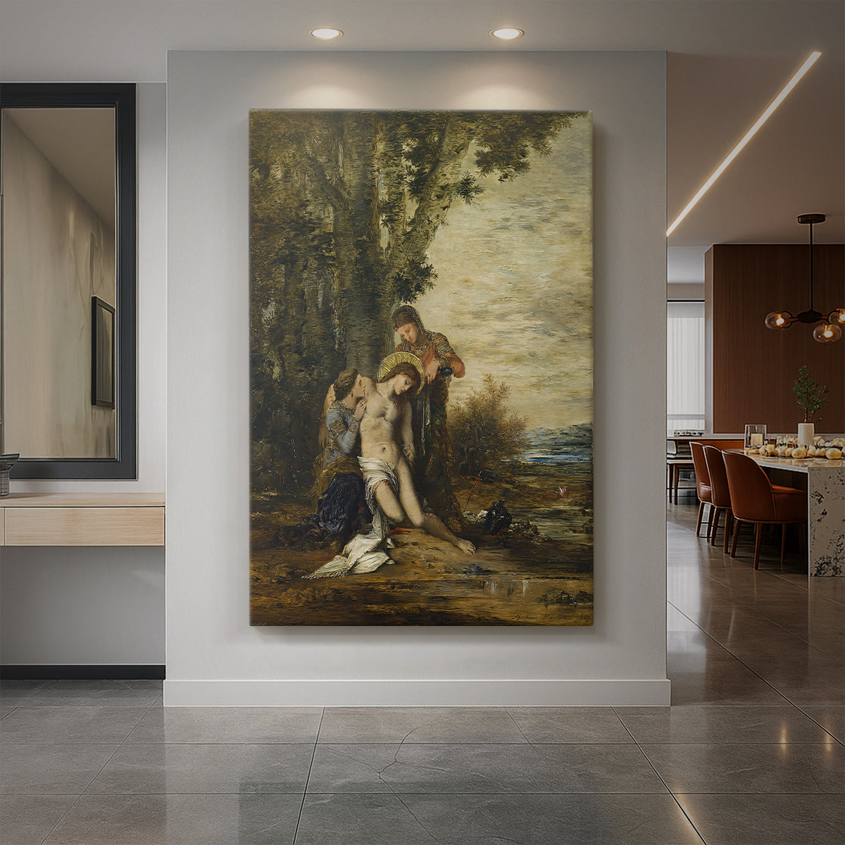 Canvas art print of a symbolic scene of a bound figure in a dramatic, shadowed setting displayed as a statement piece in a spacious interior.