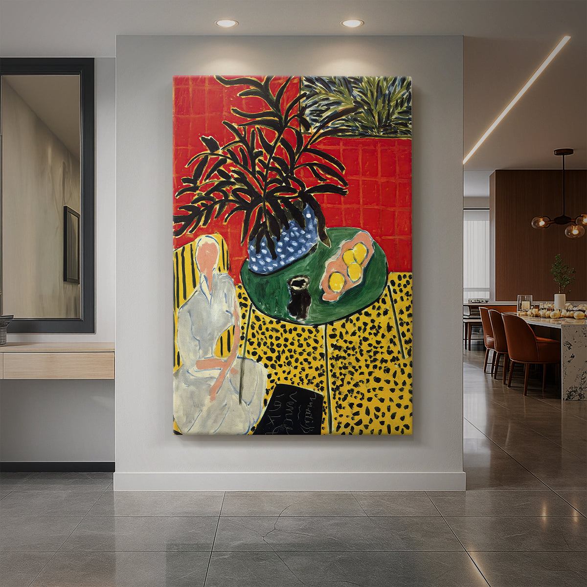 Canvas art print of a fauvist interior scene with a black fern and patterned decorative background displayed as a statement piece in a spacious interior.
