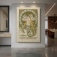 Canvas art print of an Art Nouveau poster of a woman honoring Sarah Bernhardt with ornate details displayed as a statement piece in a spacious interior.