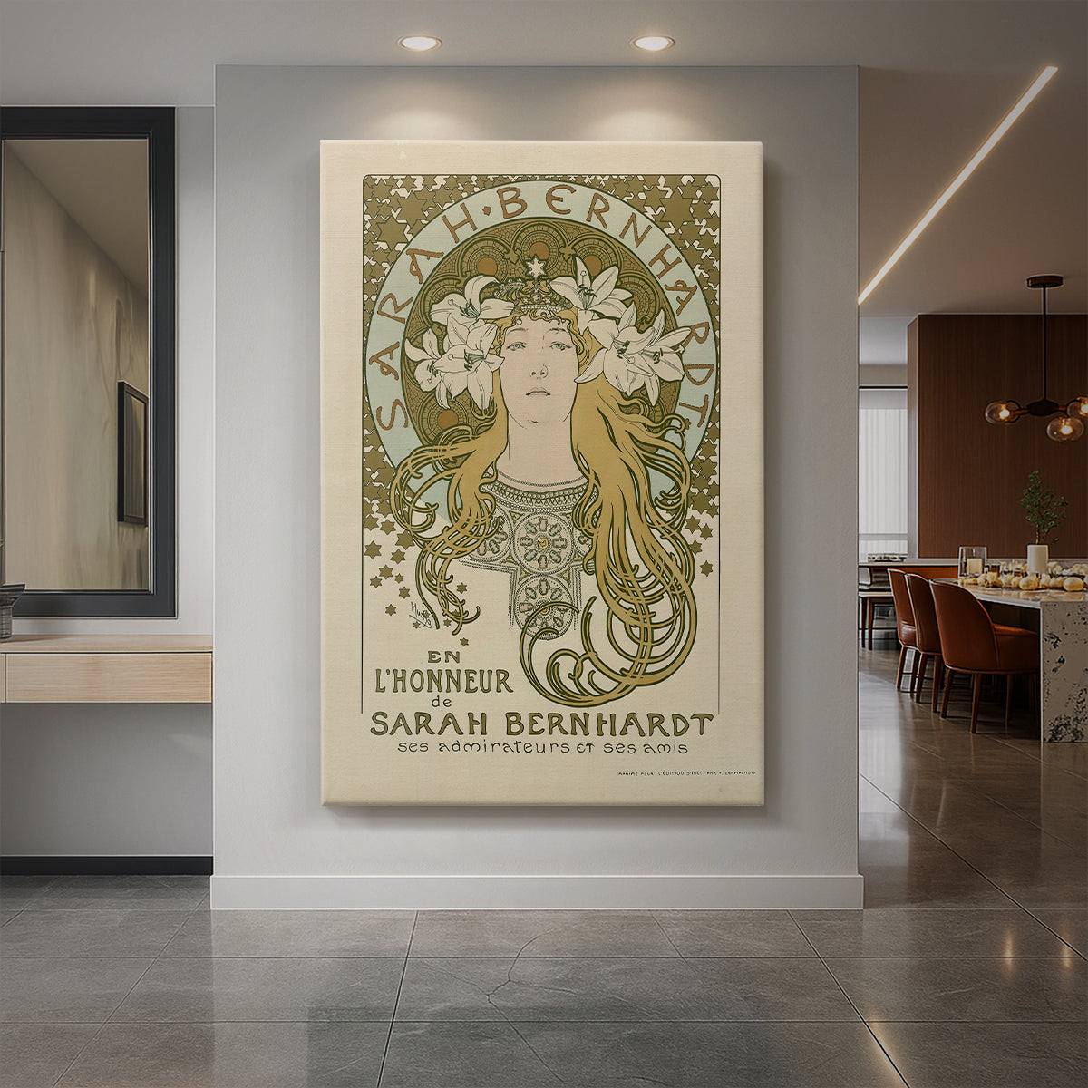 Canvas art print of an Art Nouveau poster of a woman honoring Sarah Bernhardt with ornate details displayed as a statement piece in a spacious interior.