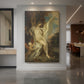 Canvas art print of a symbolic scene of a woman with a swan in a lush detailed setting displayed as a statement piece in a spacious interior.