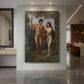 Canvas art print of a biblical scene of Adam and Eve in a natural setting with soft tones displayed as a statement piece in a spacious interior.