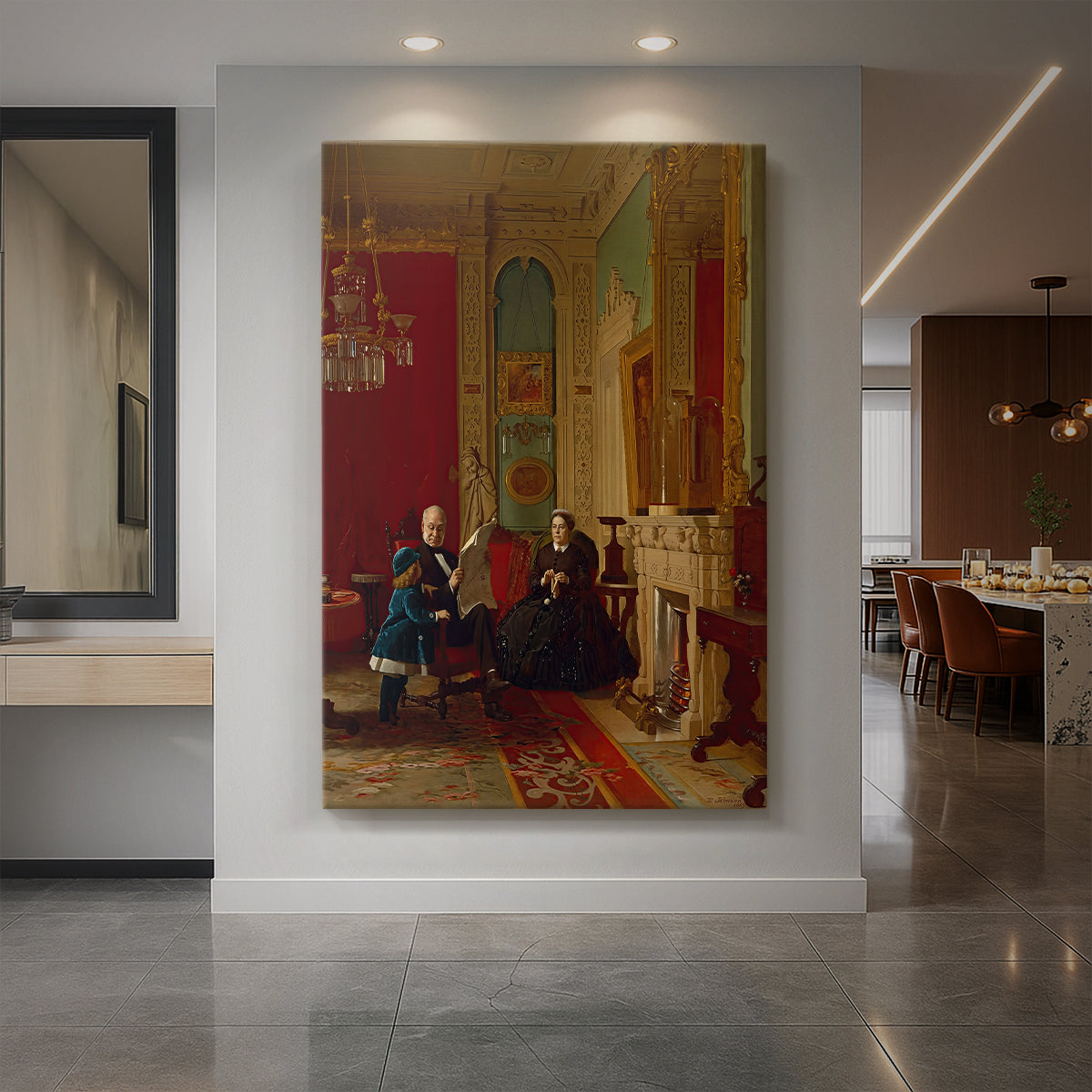 Canvas art print of a realistic group portrait of a family gathered in an interior setting displayed as a statement piece in a spacious interior.