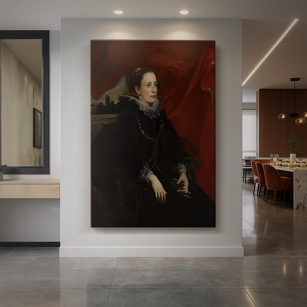 Canvas art print of a Baroque portrait of a noblewoman in elegant dress with rich textures displayed as a statement piece in a spacious interior.