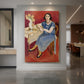 Canvas art print of a fauvist portrait of a seated woman in blue against a bold red background displayed as a statement piece in a spacious interior.