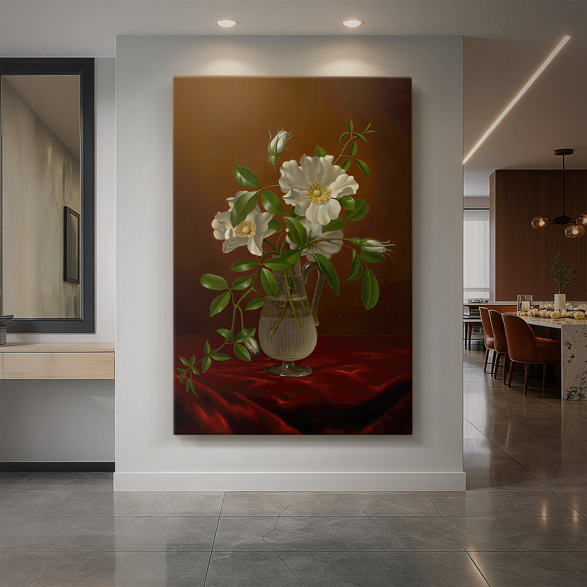 Canvas art print of a still life of white roses in a glass vase with soft natural light displayed as a statement piece in a spacious interior.
