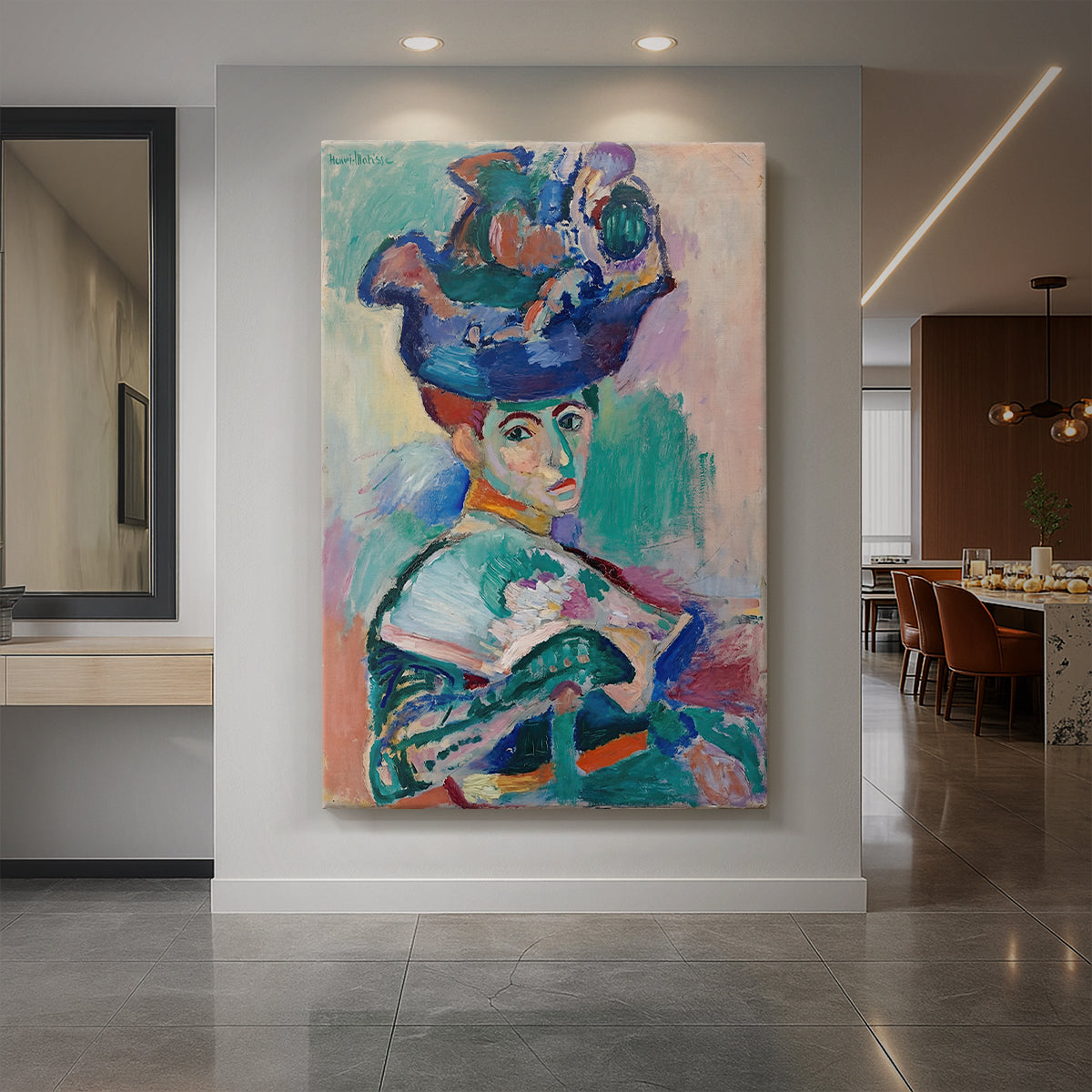 Canvas art print of a fauvist portrait of a woman wearing a hat with bold expressive color displayed as a statement piece in a spacious interior.