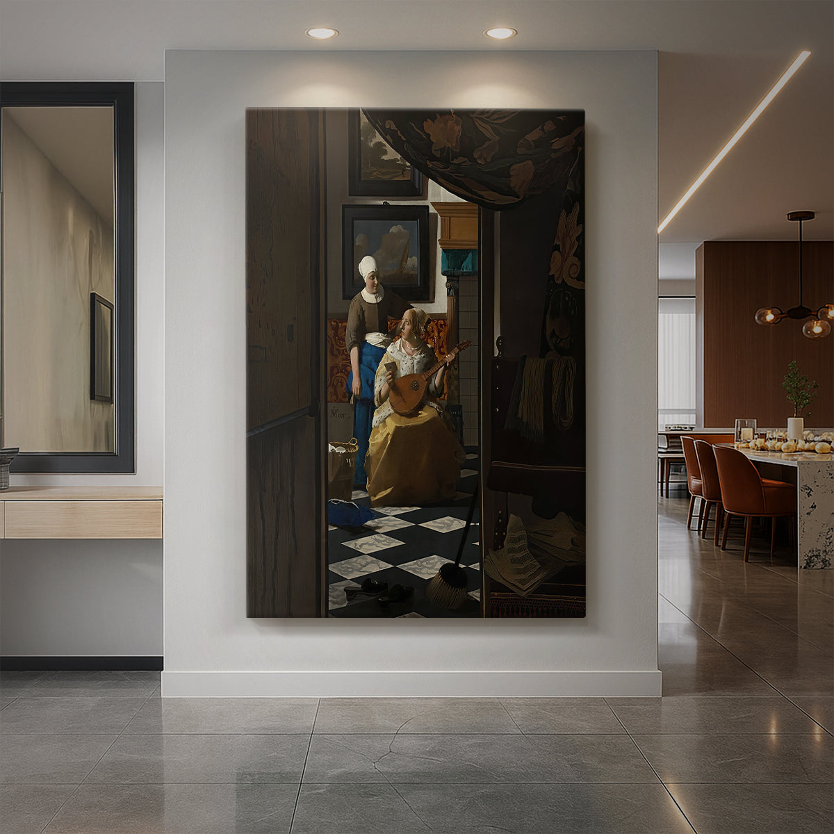 Canvas art print of a Baroque interior of a woman receiving a letter in soft window light displayed as a statement piece in a spacious interior.
