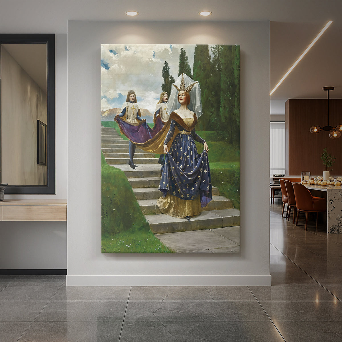 Canvas art print of a Victorian portrait of a noblewoman in blue fleur-de-lis gown with attendants displayed as a statement piece in a spacious interior.