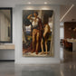 Canvas art print of a classical scene of two figures exchanging an object in a quiet moment displayed as a statement piece in a spacious interior.