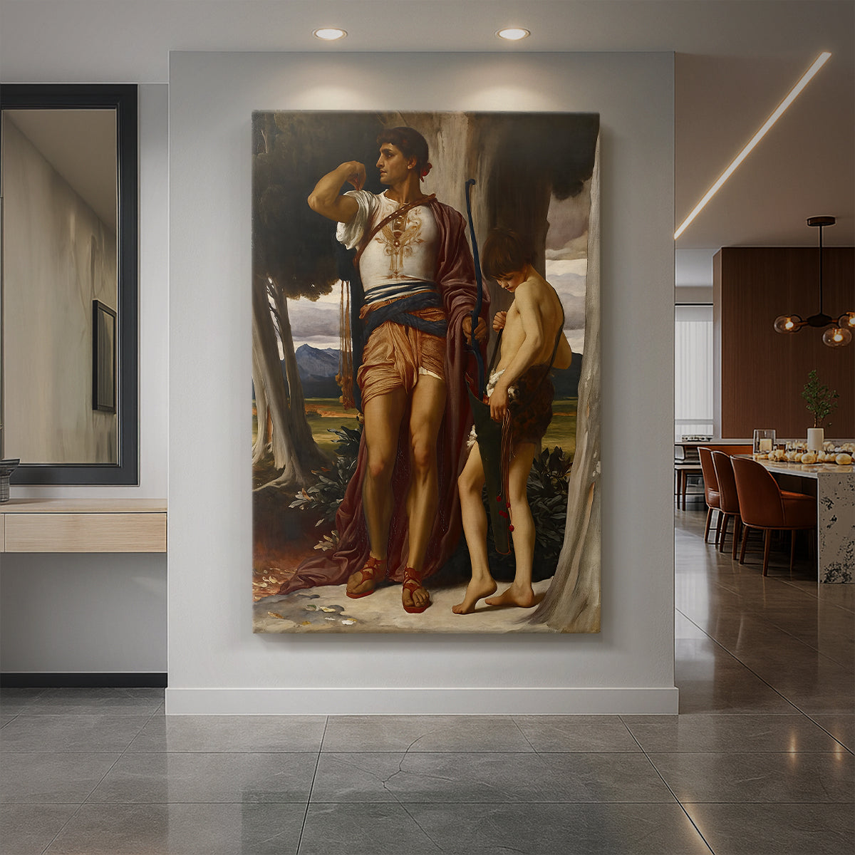 Canvas art print of a classical scene of two figures exchanging an object in a quiet moment displayed as a statement piece in a spacious interior.