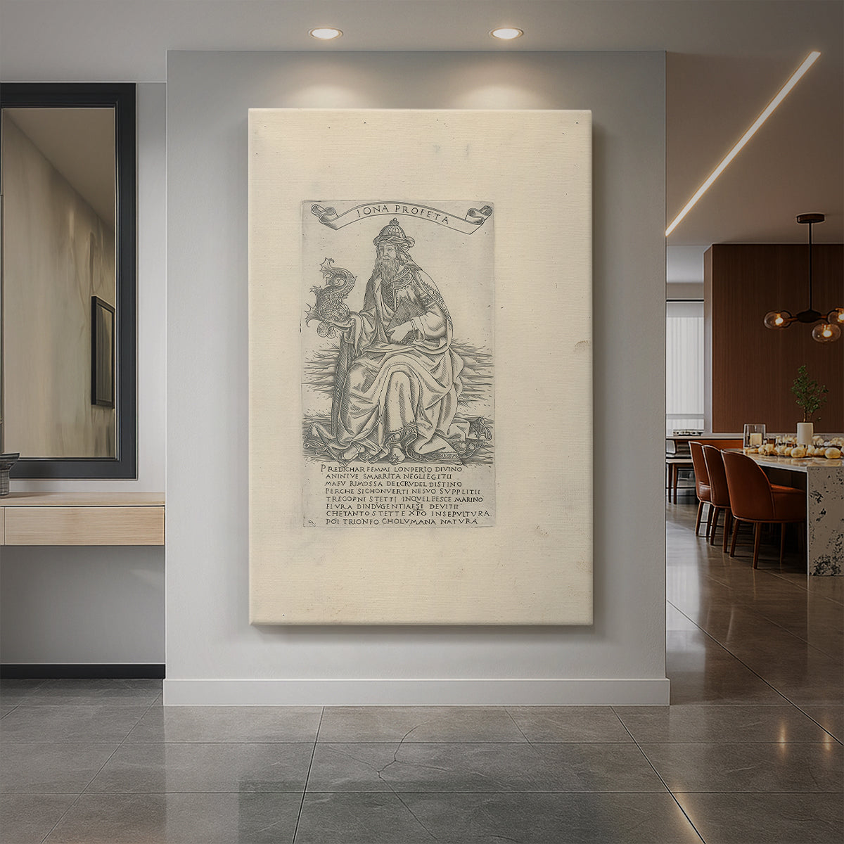 Canvas art print of a monochrome engraving of a seated prophet with detailed linework displayed as a statement piece in a spacious interior.