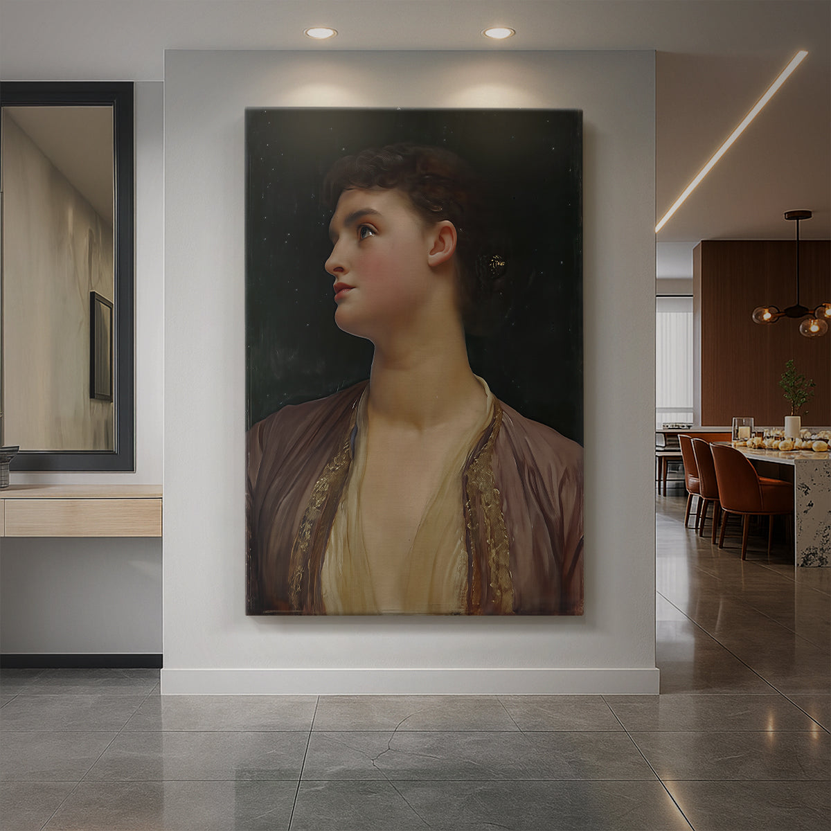 Canvas art print of a classical portrait of a woman with soft light and serene expression displayed as a statement piece in a spacious interior.