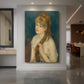 Canvas art print of an impressionist portrait of a young woman braiding her hair in soft light displayed as a statement piece in a spacious interior.