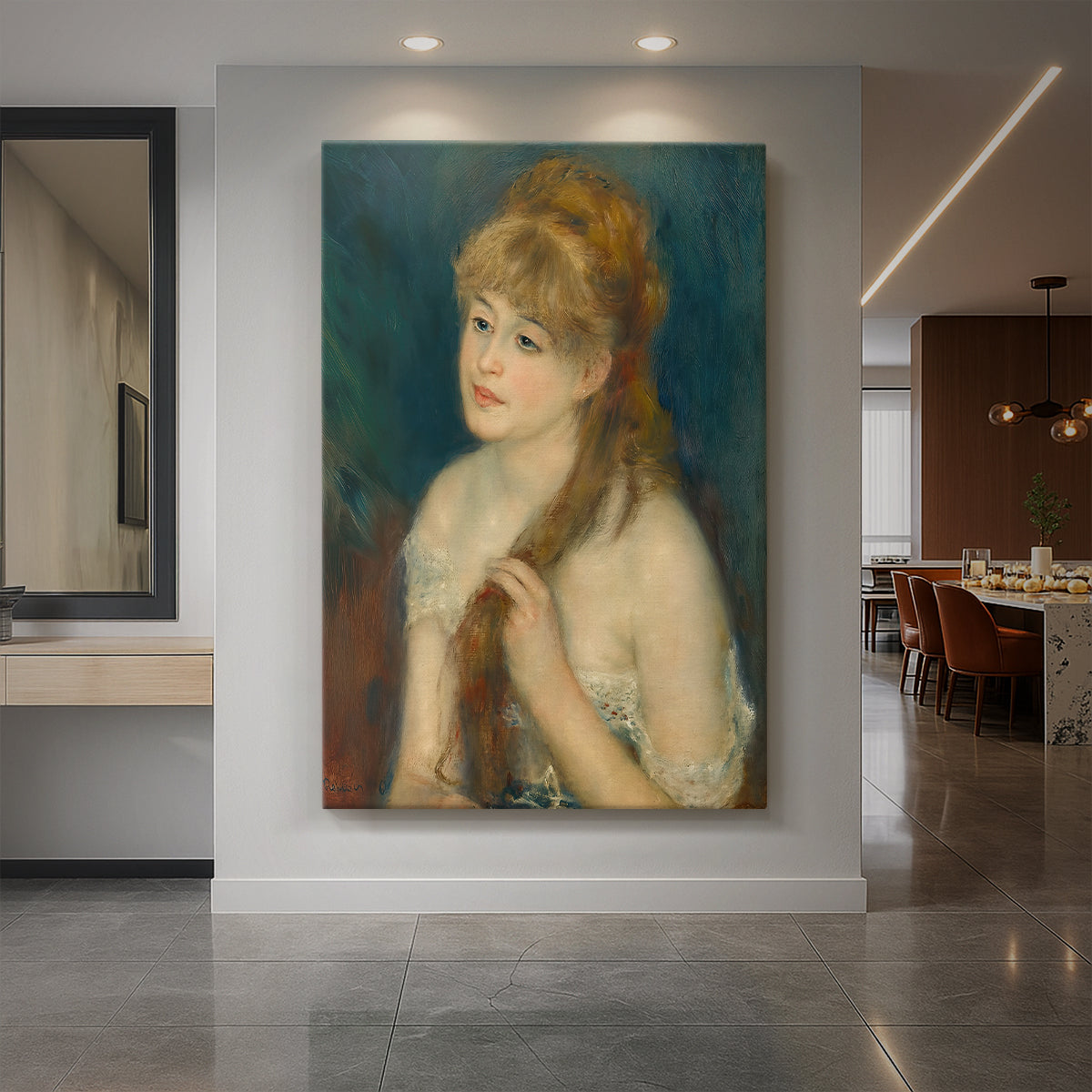 Canvas art print of an impressionist portrait of a young woman braiding her hair in soft light displayed as a statement piece in a spacious interior.