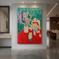 Canvas art print of a fauvist still life of plum blossoms against a vivid green background displayed as a statement piece in a spacious interior.