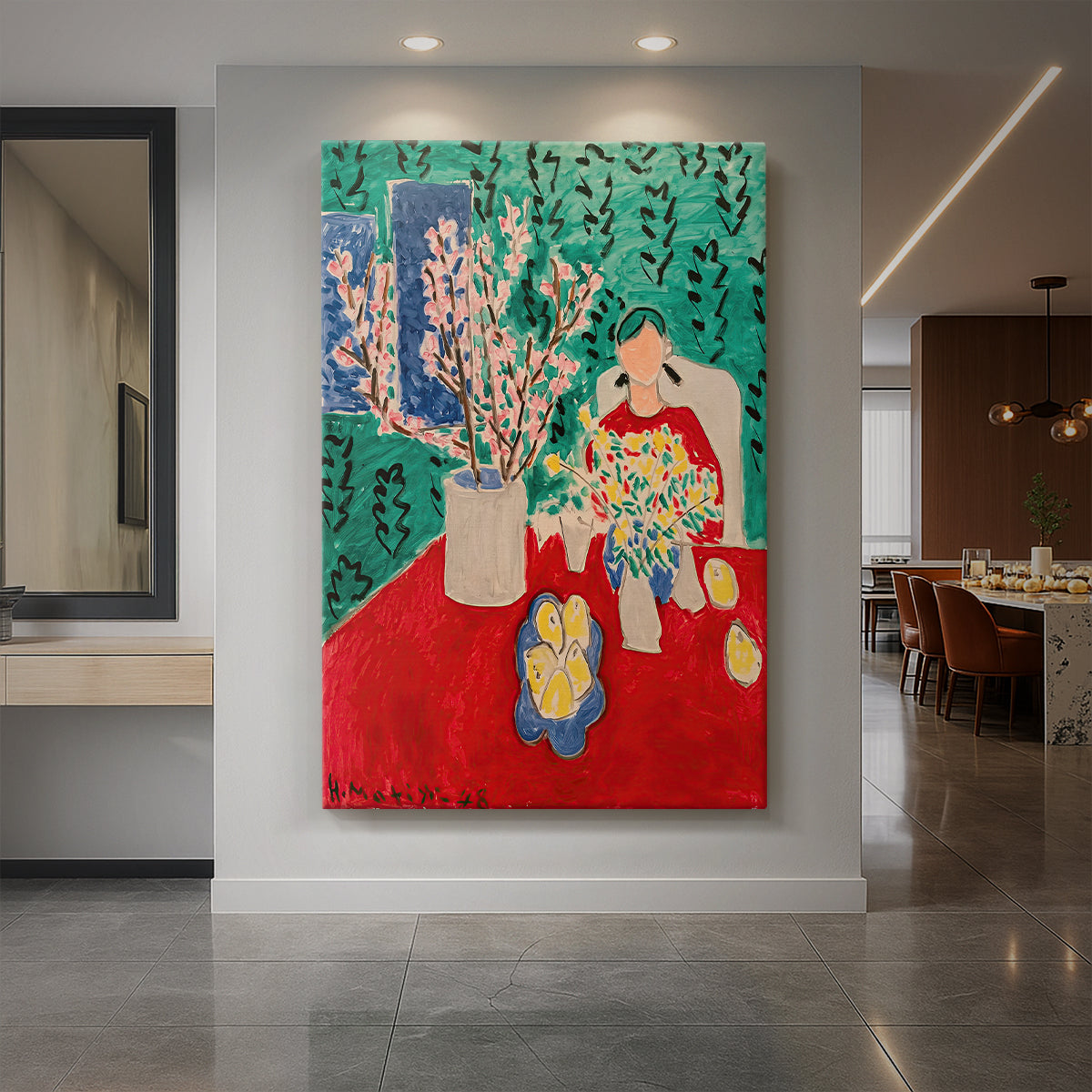 Canvas art print of a fauvist still life of plum blossoms against a vivid green background displayed as a statement piece in a spacious interior.