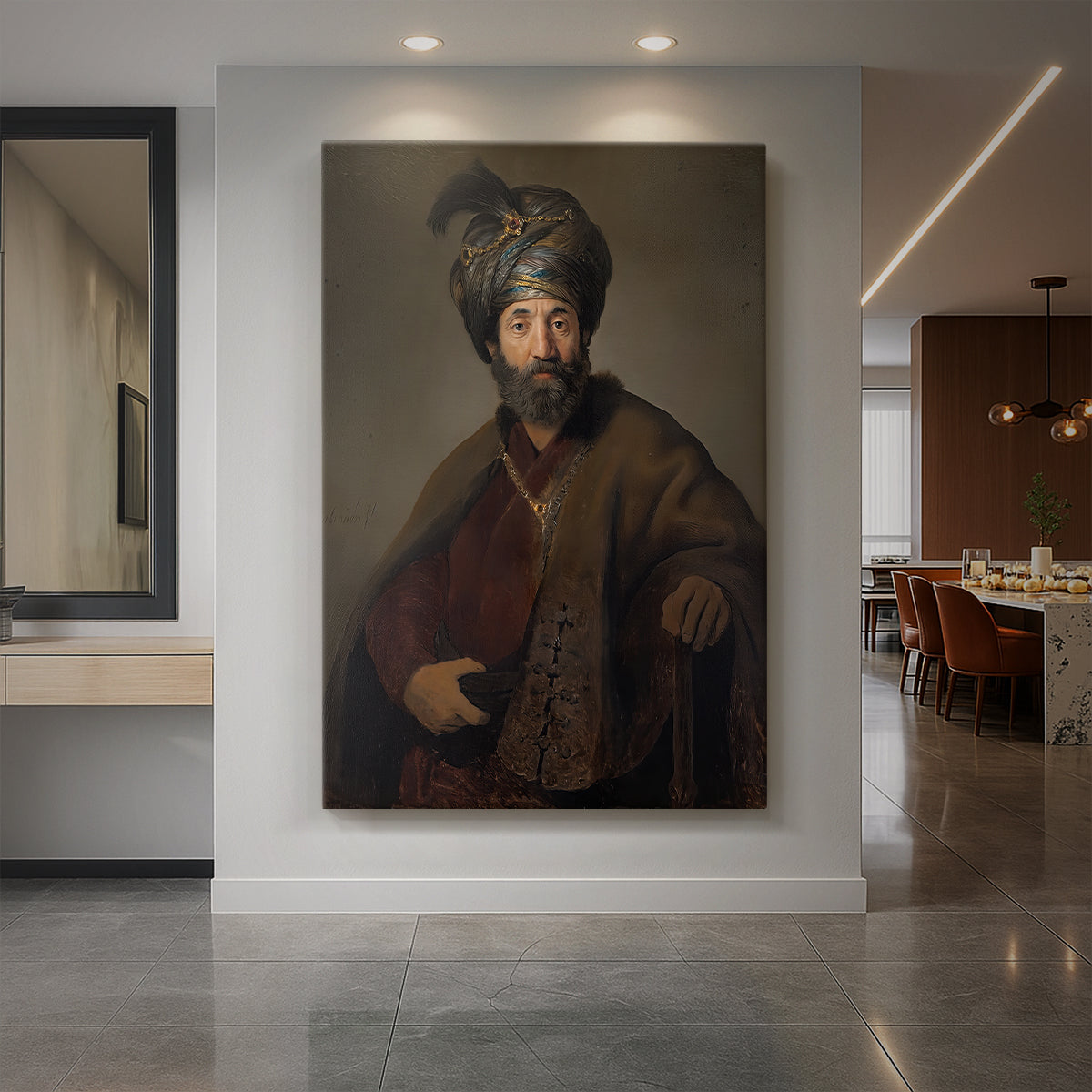 Canvas art print of a Baroque portrait of a man in elaborate attire with rich textures displayed as a statement piece in a spacious interior.
