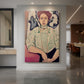 Canvas art print of a fauvist portrait of a seated woman with simplified features and soft tones displayed as a statement piece in a spacious interior.