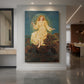 Canvas art print of a symbolic scene of a glowing female figure emerging from darkness displayed as a statement piece in a spacious interior.