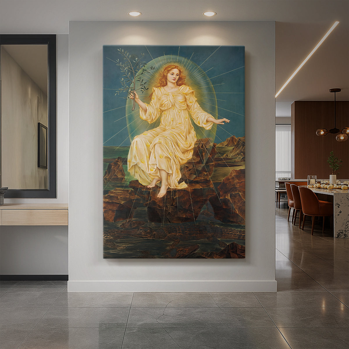 Canvas art print of a symbolic scene of a glowing female figure emerging from darkness displayed as a statement piece in a spacious interior.