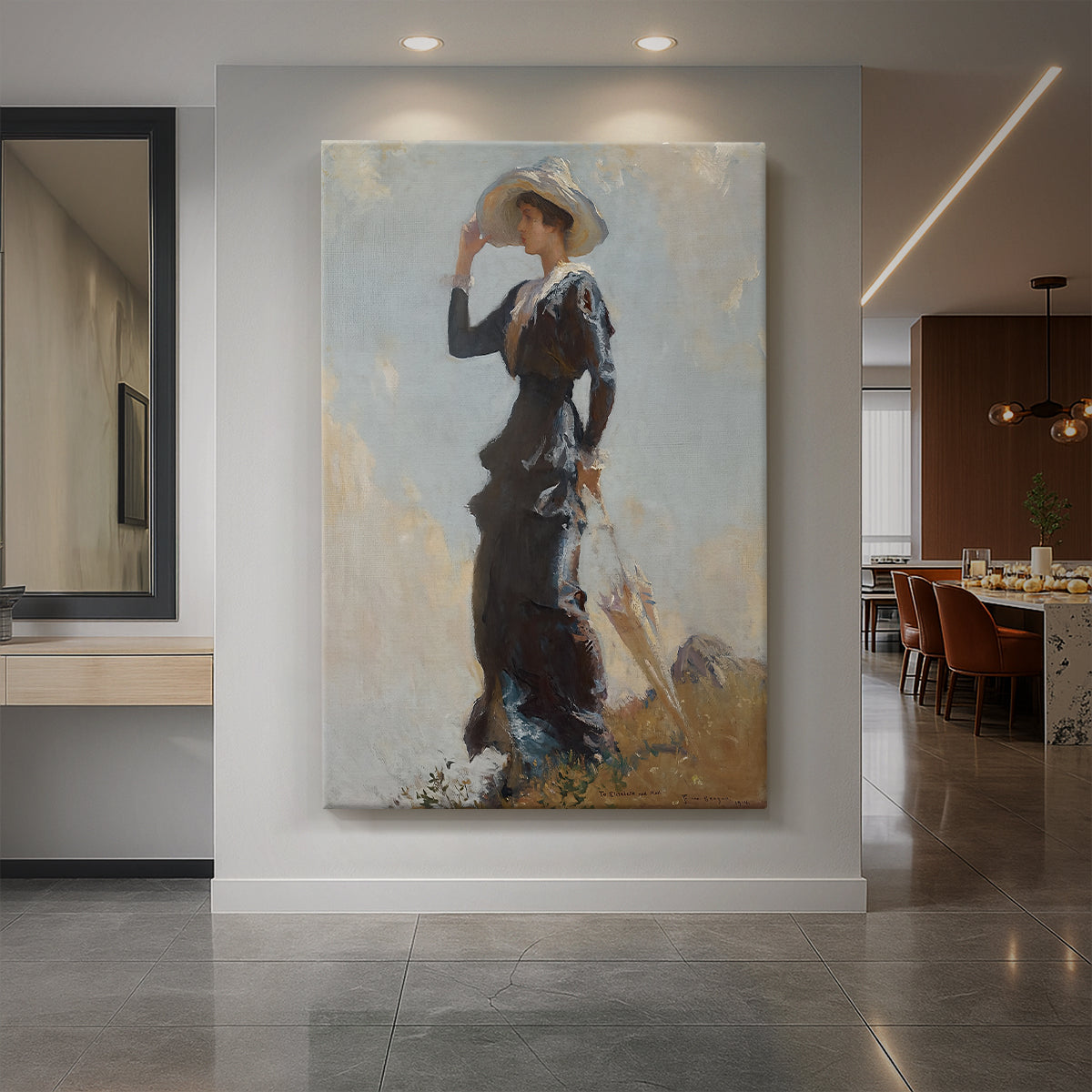 Canvas art print of an impressionist scene of a woman standing outdoors on a hill in soft light displayed as a statement piece in a spacious interior.
