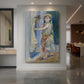 Canvas art print of an impressionist portrait of a child holding a bird with soft pastel tones displayed as a statement piece in a spacious interior.