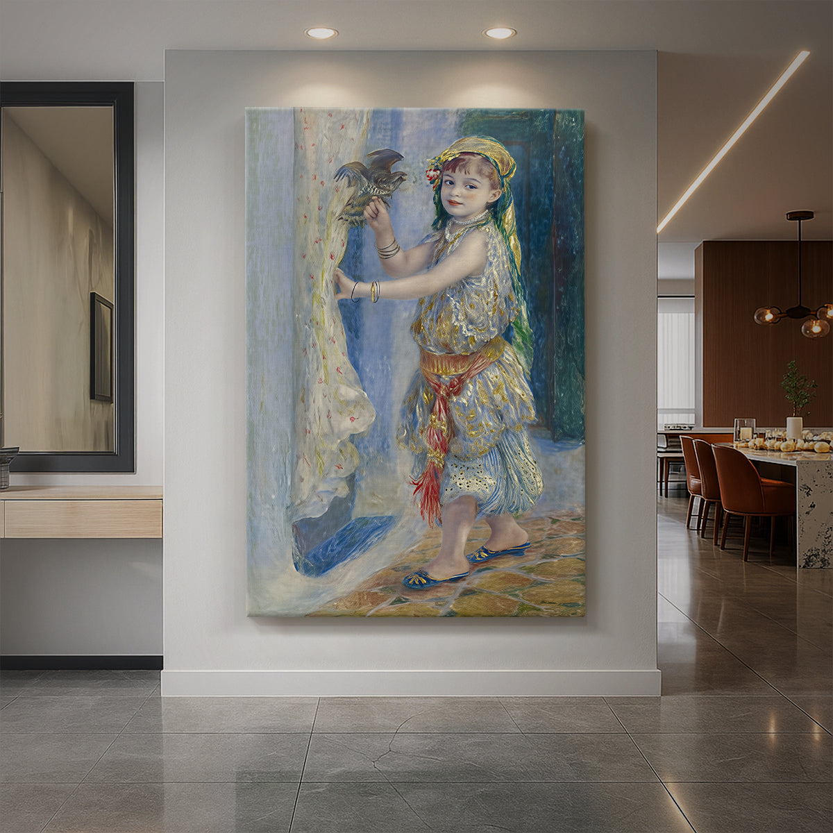 Canvas art print of an impressionist portrait of a child holding a bird with soft pastel tones displayed as a statement piece in a spacious interior.