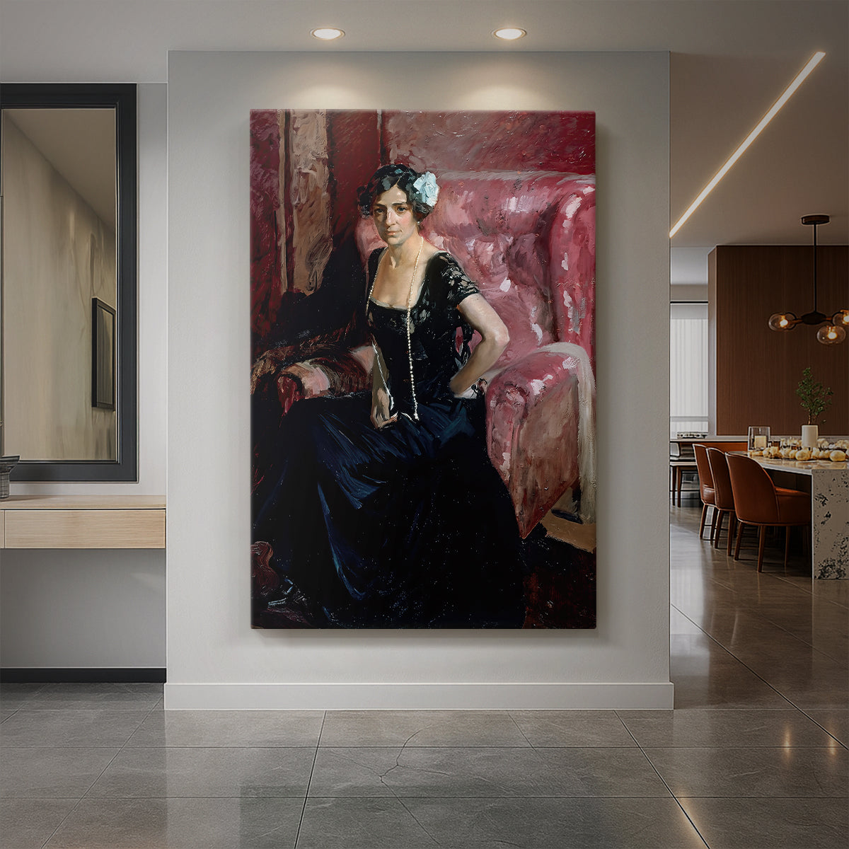 Canvas art print of an impressionist portrait of a woman in an elegant evening dress with soft light displayed as a statement piece in a spacious interior.