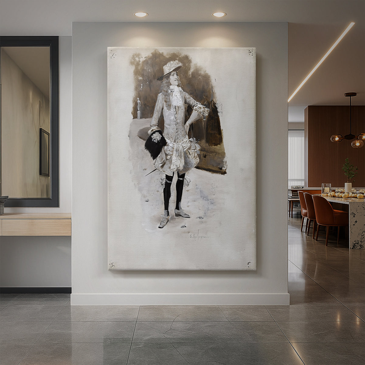 Canvas art print of an Art Nouveau portrait of a man in formal attire with refined detail displayed as a statement piece in a spacious interior.