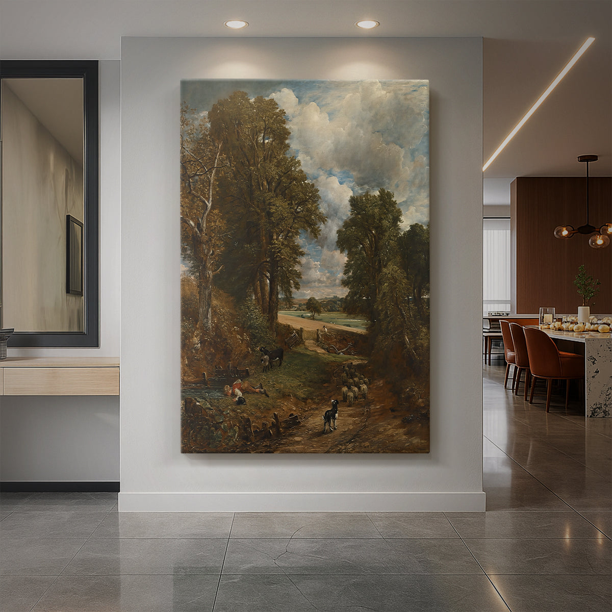 Canvas art print of a pastoral landscape of a cornfield with figures and soft sunlight displayed as a statement piece in a spacious interior.