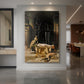 Canvas art print of a dramatic scene of Cleopatra reclining on a bed in a dim interior displayed as a statement piece in a spacious interior.
